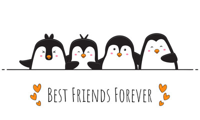 Cute penguin best friends forever doodle banner background wallpaper icon cartoon illustratio