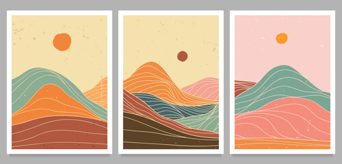 Fototapeta premium set of creative minimalist hand drawn illustrations of Mid century modern art. Natural abstract landscape background. mountain, forest, sea, sky, sun and river