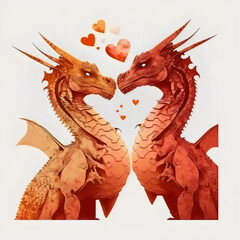 red dragons with love hearts with white background, generative ai