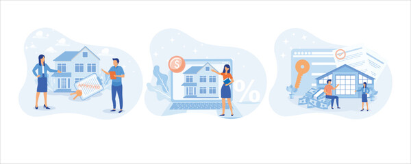 Obraz premium Mortgage process illustration set. People buying property with mortgage. Characters getting bank approval, reading contact and legal documents and receiving house keys. set flat vector illustration