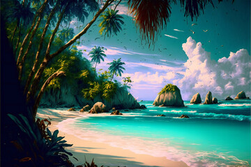 Fototapeta na wymiar Tropical beach, digital illustration painting artwork, poetic scenery background, Generative AI