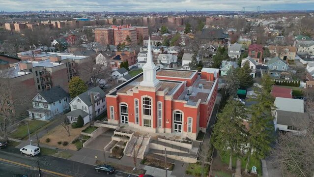 Exterior Facade Of Mormon Church In Flushing, New York City, New York. aerial