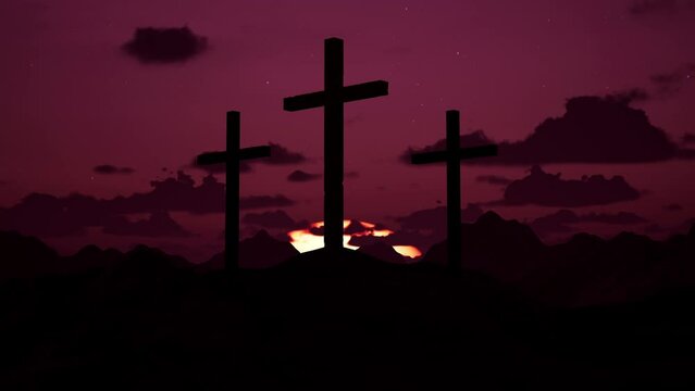 Sunrise on three holy crosses at jerusalem mountain hill, cocept of easter and resurrection of jesus christ. Spiritual holy sacrifice of god, symbol of christianity with sunshine. 3d render animation.