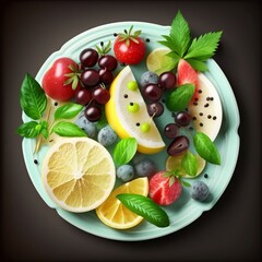 Fototapeta na wymiar Very healthy food plate with grapes, pears, watermelon, lemon, mint and other healthy food