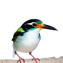 Fototapeta premium Colorful Bird on Wooden Perch with White Background Created with Generative AI and Other Techniques