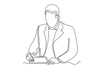 Single one line drawing businessman hands holding pen and filling tax form. Tax concept. Continuous line draw design graphic vector illustration.