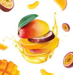 3d rendering of a multifruit juice ad with flying orange, mango, passion fruit cut into round...