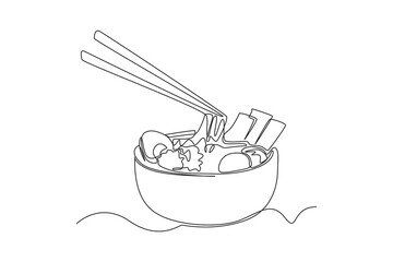 Single one line drawing noodles with egg. Breakfast Concept. Continuous line draw design graphic vector illustration.