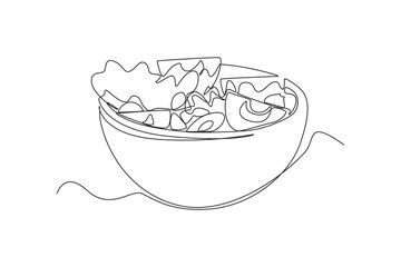 Single one line drawing Fresh vegetable salad in bowl. Breakfast Concept. Continuous line draw design graphic vector illustration.