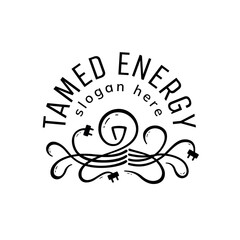 logo with an icon in the shape of an octopus made of wires and electric plugs with a light bulb instead of a head for areas related to electricity, such as solar panels
