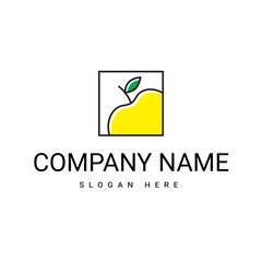 A logo with a square badge with a yellow apple inside that looks like a plum or an apricot