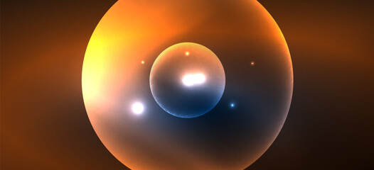 Abstract background with neon glowing light effects. Round shapes, triangles and circles. Wallpaper for concept of AI technology, blockchain, communication, 5G, science, business and technology