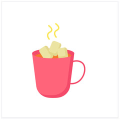 Drink flat icon. Tasty hot drink. Delicious sweet cacao with marshmallow. Baby food concept. Color vector illustration