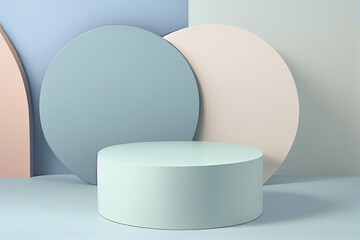 Pedestal podium with rounded corners in blue and white. Platform with geometric shapes. 3D illustration