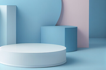 Pedestal podium with rounded corners in blue and white. Platform with geometric shapes. 3D illustration