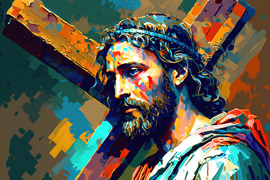 Jesus Christ carrying cross portrait , abstract original art for easter holiday and good friday, easter, God, generative ai