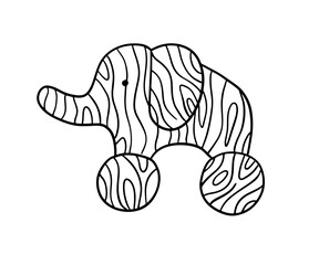 Wooden elephant toy. Outline hand drawn illustration isolated on white for coloring book