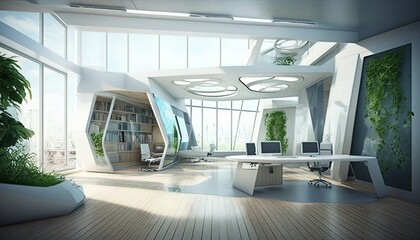 Fototapeta na wymiar Futuristic modern creative room office created with generative ai technology