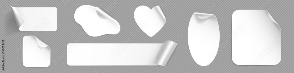 Aufkleber peel off stickers, white paper patches mockup. blank labels of different shapes heart, square, oval 