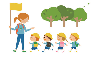 遠足に行く先生と子供たちのイラスト素材