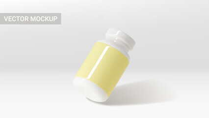 Vector mockup of white bottle with pills. 3d vector illustration with plastic bottle for presentation of pills, vitamins, capsules or dietary supplement. Template of 3d jar with blank labels.