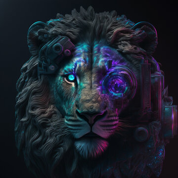 A futuristic lion head with cyber punk neon style