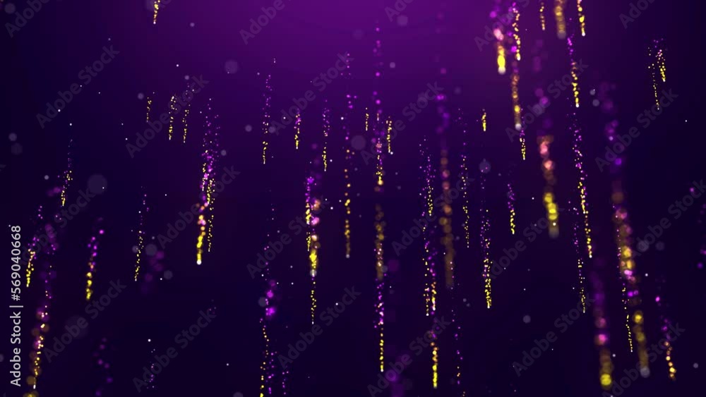 Poster abstract purple yellow shiny blurry focus magic glitter particles rain falling low angle 3d rotating