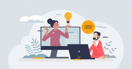 Distance learning and online education using internet tiny person concept. E learning video call for student knowledge development vector illustration. Remote university, school or college teaching.