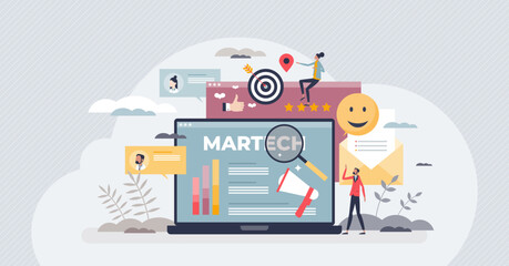 Martech or marketing technology for advertising automation tiny person concept. Business platform for ads strategy analysis, social media content analyze and effective analytics vector illustration. - obrazy, fototapety, plakaty
