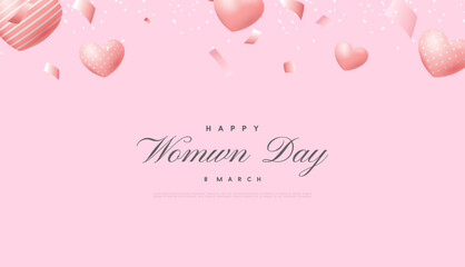 Background for women's day with a pink background with pink love balloons and scattered pink ribbons. Premium vector background for banner, poster, social media greeting.