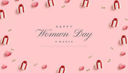 Pink women's day design with illustration of gift box and pink love balloons. Premium vector background for banner, poster, social media greeting.