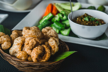 young chili paste served with crispy  crackling and fresh vegetable traditional northern Thai food