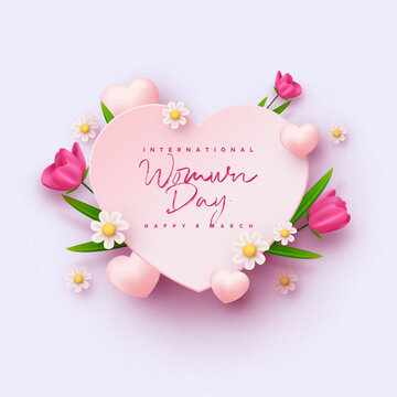 Design for women's day celebration with love board wrapped in flowers. Premium vector background for banner, poster, social media greeting.