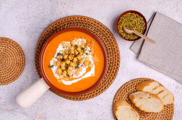 Creamy vegetable soup with chickpeas and spices