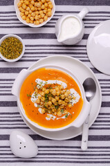 Creamy vegetable soup with chickpeas and spices