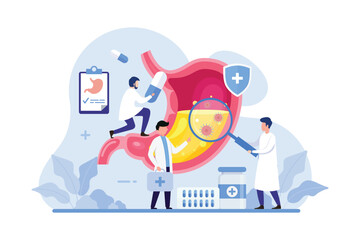 Health care and stomach treatment design concept. Gastroenterology doctor vector illustration - obrazy, fototapety, plakaty