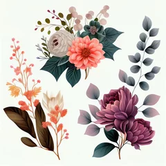 Fototapeten Watercolor flowers set. Collection of decorative elements bright colorful flowers, leaves, grass, hand drawn with watercolors. Decoration Watercolor flowers isolated. Generative AI © megavectors