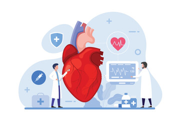 Heart care and medical diagnostic design concept. Doctors treat heart disease vector illustration - obrazy, fototapety, plakaty