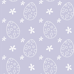 Easter polka dot pattern eggs and flowers holiday seamless pattern on pastel puple background