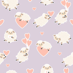 Seamless pattern with cute lambs on light purple background with hearts. Vector illustration. Endless background with cartoon farm animals for valentines, wallpapers, packaging, kids collection