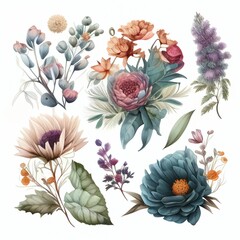Watercolor flowers set. Collection of decorative elements bright colorful flowers, leaves, grass, hand drawn with watercolors. Decoration Watercolor flowers isolated. Generative AI