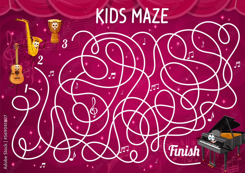 Poster labyrinth maze game with funny musical instruments