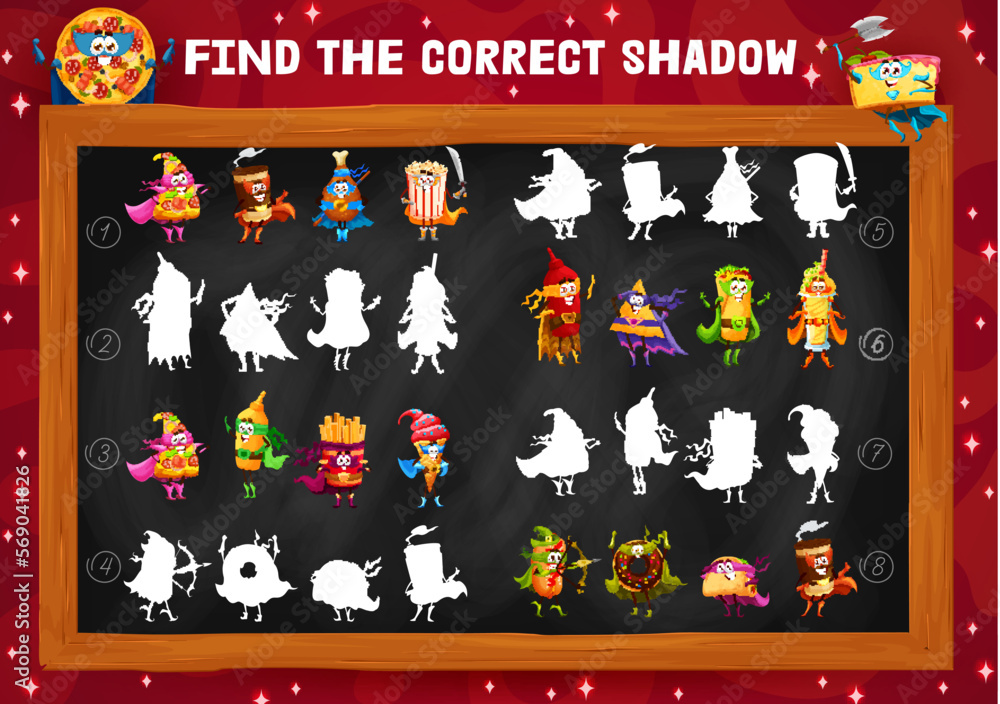 Poster find the correct shadow of fast food characters