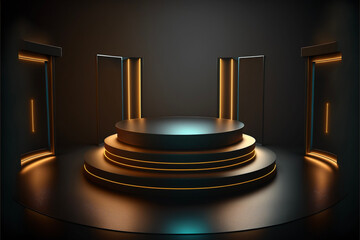 Naklejka premium Product Display Podium in a Nightclub Scene with Gold Lights Generative AI