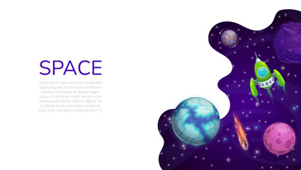 Landing page space, cartoon galaxy space planets