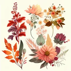 Foto auf Acrylglas Watercolor flowers set. Collection of decorative elements bright colorful flowers, leaves, grass, hand drawn with watercolors. Decoration Watercolor flowers isolated. Generative AI © megavectors