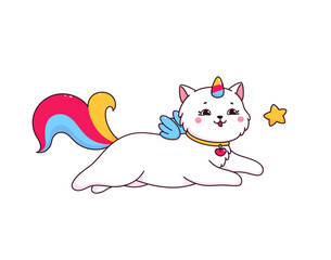 Cartoon caticorn with sky star, cute unicorn cat