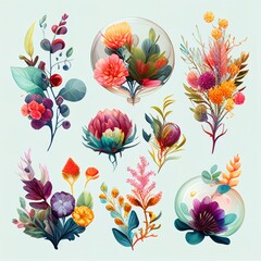 Watercolor flowers set. Collection of decorative elements bright colorful flowers, leaves, grass, hand drawn with watercolors. Decoration Watercolor flowers isolated. Generative AI