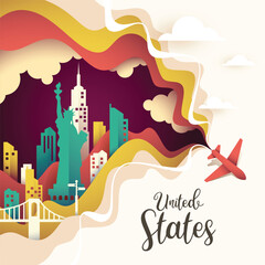 Airplane flying in panorama of world famous landmarks of new york for travel advertising © coz1421