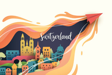 Origami paper plane in panorama of world famous landmarks of switzerland for travel advertising